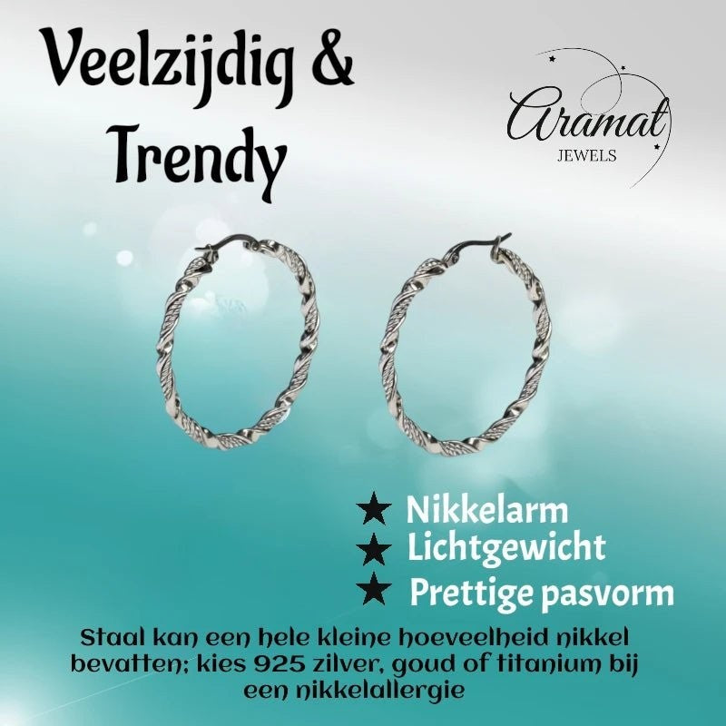 Aramat Jewels silver-tone stainless steel twisted hoop earrings, 30mm or 40mm diameter, 3mm width, with a shiny finish and hinge closure.