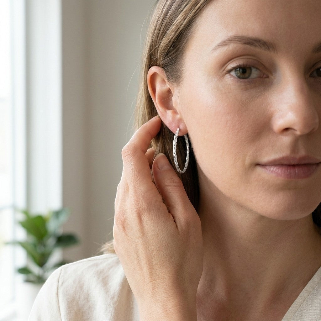 Aramat Jewels silver-tone stainless steel twisted hoop earrings, 45mm, worn by a woman.