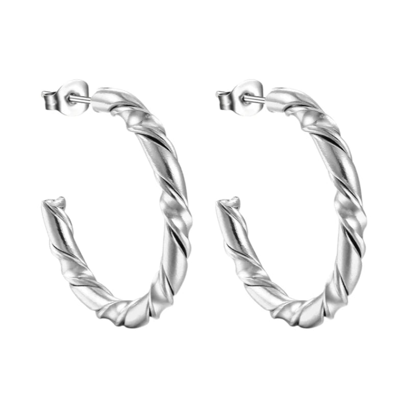 Aramat Jewels silver-colored stainless steel hoop earrings with a twisted rope pattern, 30mm diameter.