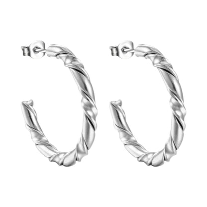 Aramat Jewels silver-colored stainless steel hoop earrings with a twisted rope pattern, 30mm diameter.