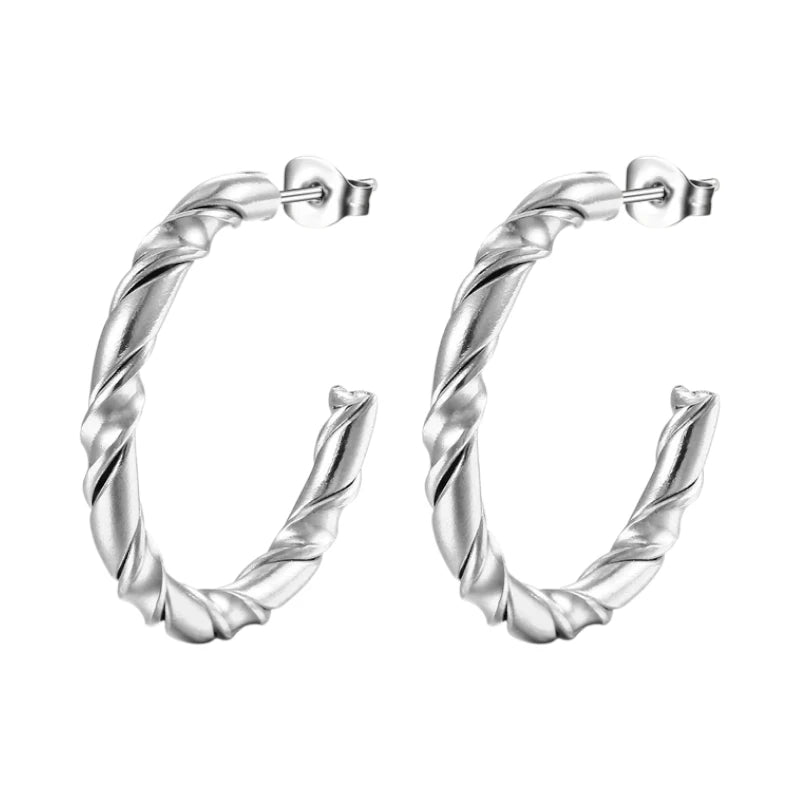 Aramat Jewels silver-colored stainless steel hoop earrings with a twisted rope pattern, 30mm diameter.