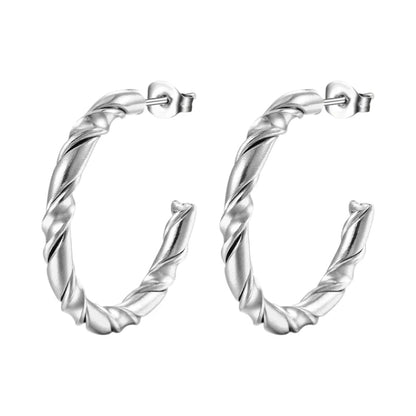 Aramat Jewels silver-colored stainless steel hoop earrings with a twisted rope pattern, 30mm diameter.