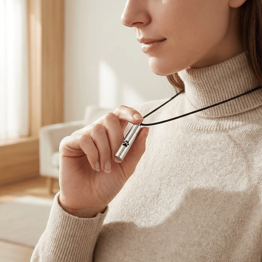 Aramat Jewels matte silver stainless steel cylinder urn necklace with paw print engraving, worn by a woman.