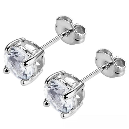 Aramat Jewels silver-colored stainless steel stud earrings with a 6mm clear zirconia stone in a 4-prong setting.