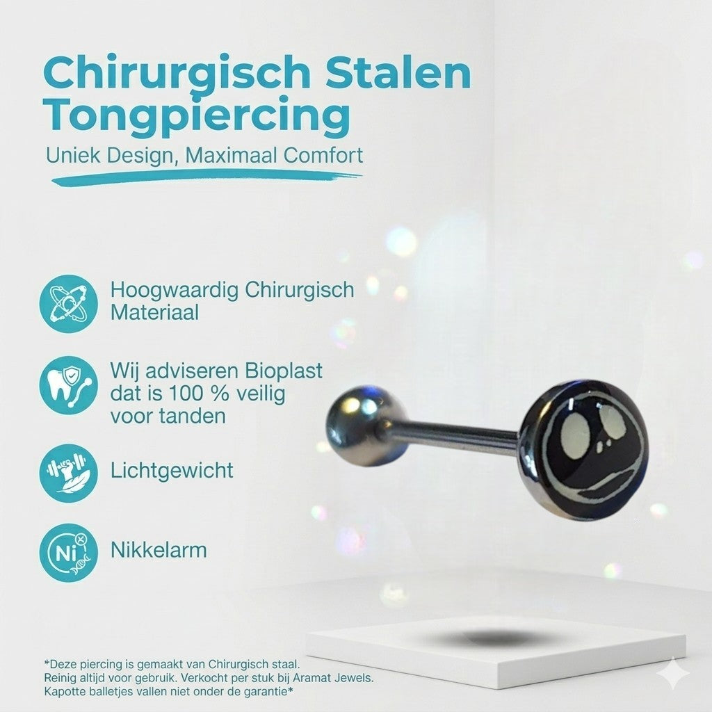 Aramat Jewels steel tongue piercing with a black and white smiley face design. Features 7mm top ball, 5mm bottom ball, 1.6mm gauge, and 19mm bar.