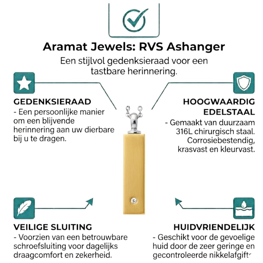 Aramat Jewels staaf ashanger van 4cm in goudkleurig roestvrij staal met een zirkonia en zilverkleurige kettinglus.