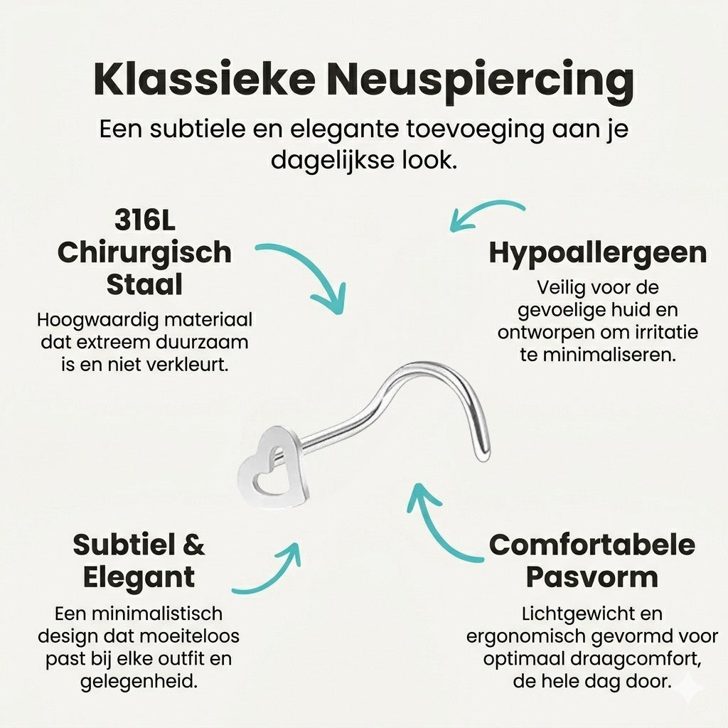 Aramat Jewels stainless steel nose piercing with an open heart charm. S-shaped stud, 4mm heart.