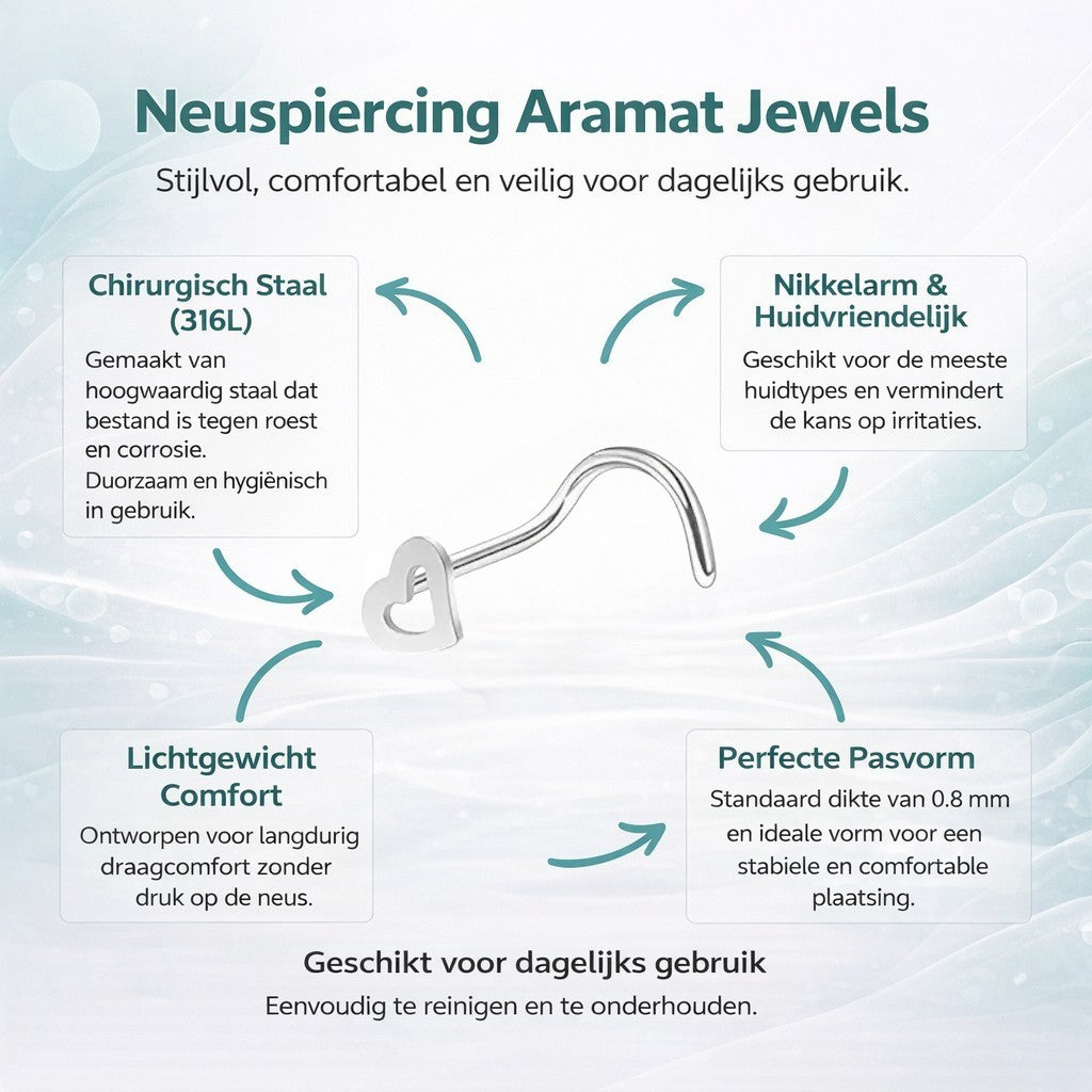 Aramat Jewels stainless steel nose piercing with a 4mm open heart design. S-shaped stud, 1.2mm gauge, 10mm length.
