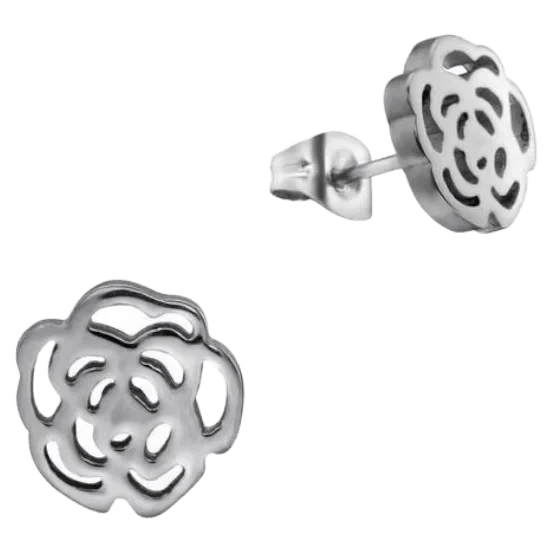Aramat Jewels stainless steel stud earrings featuring an elegant open-cut rose design in a silver-tone finish.
