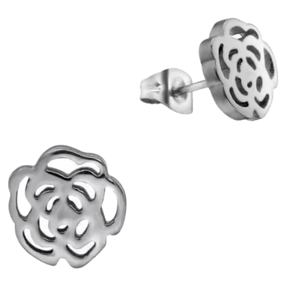 Aramat Jewels stainless steel stud earrings featuring an elegant open-cut rose design in a silver-tone finish.