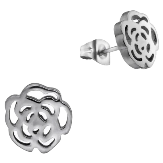 Aramat Jewels stainless steel stud earrings featuring an elegant open-cut rose design in a silver-tone finish.