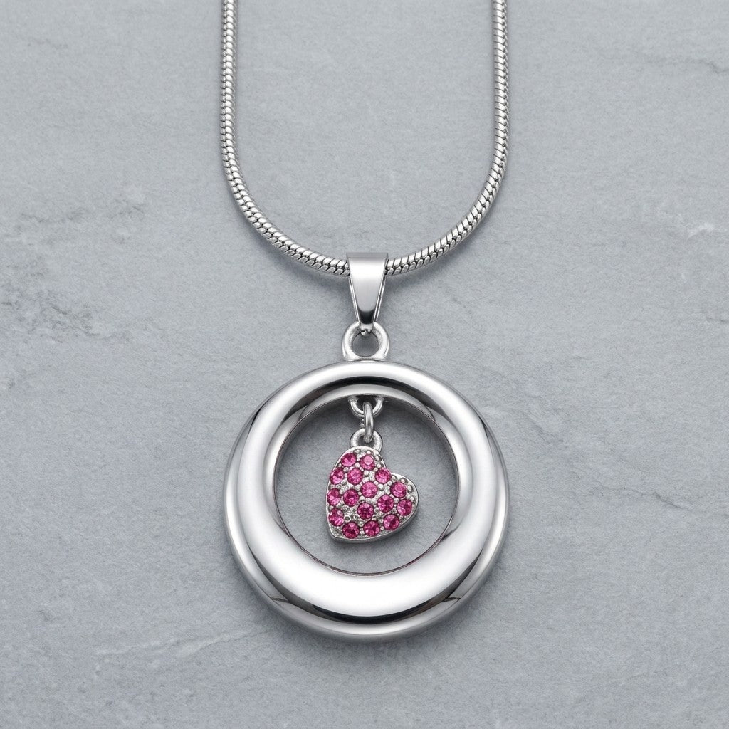 Aramat Jewels® stalen ashanger open cirkel met roze kristal hart, RVS gedenksieraad