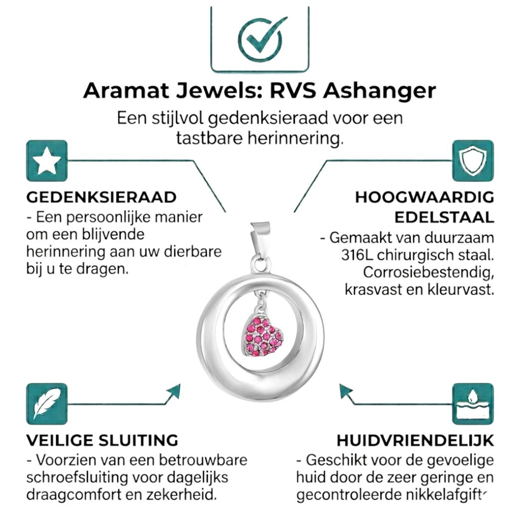 Aramat Jewels® stalen open cirkel ashanger met roze kristal hart, RVS gedenksieraad