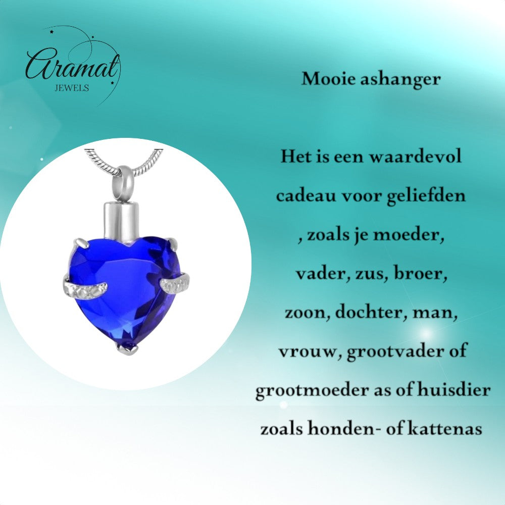 Aramat Jewels stalen ashanger hart met grote blauwe steen en zilverkleurige accenten. Gedenksieraad.