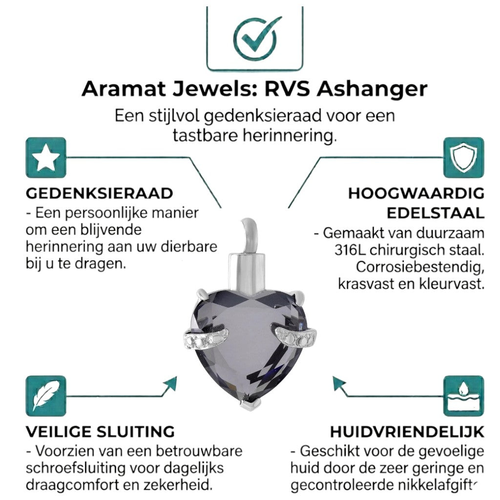 Aramat Jewels® stalen ashanger in hartvorm met grote grijze steen en kleine zirkonia's. Gedenksieraad zonder ketting.