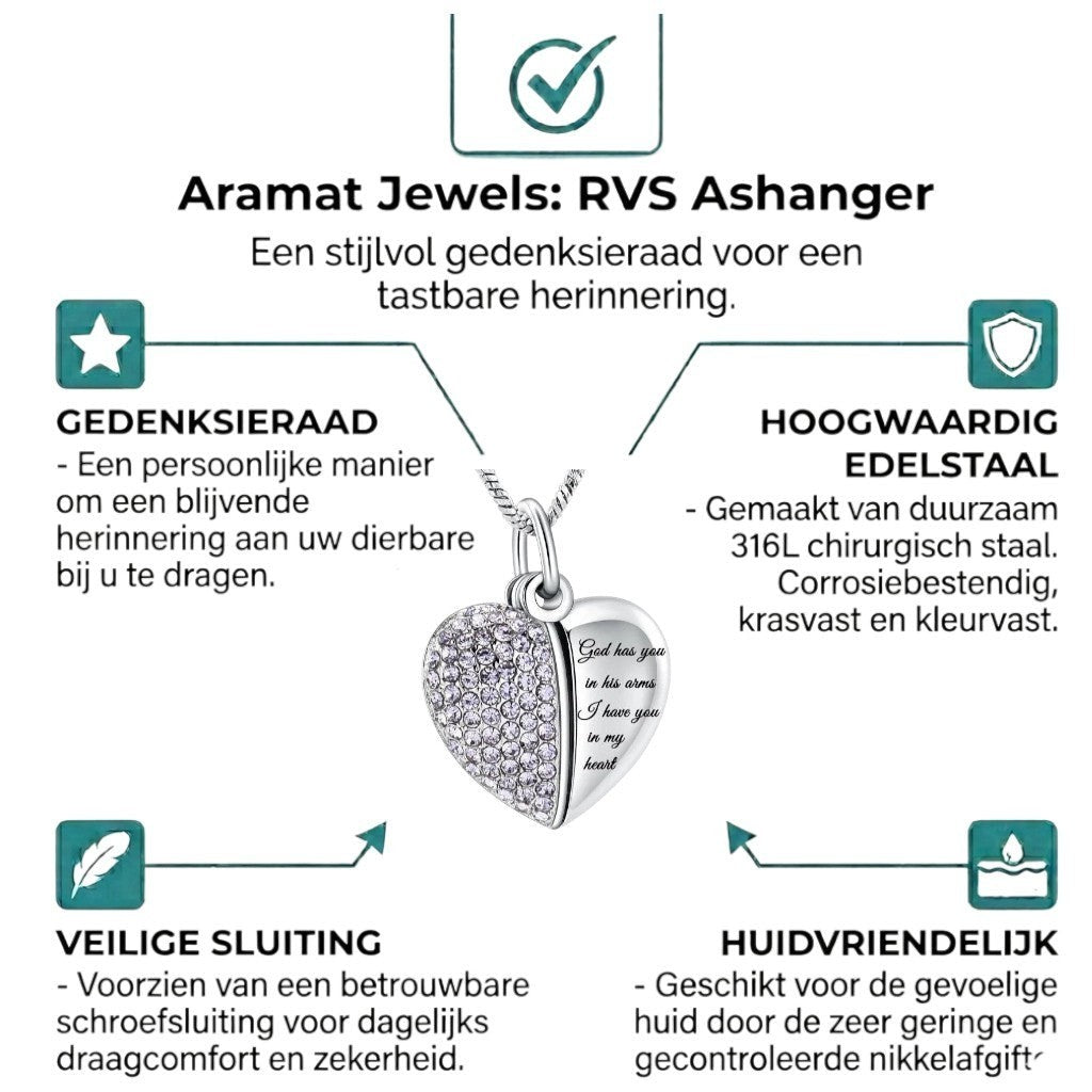 Aramat Jewels stalen hartvormige ashanger met lila kristallen en de tekst "God has you in his arms, I have you in my heart".