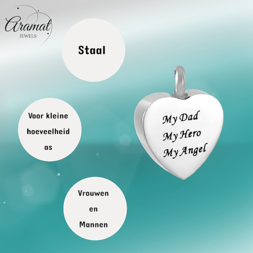 Aramat Jewels® stalen hartvormige crematiehanger met de tekst 'My Dad, My Hero, My Angel'.