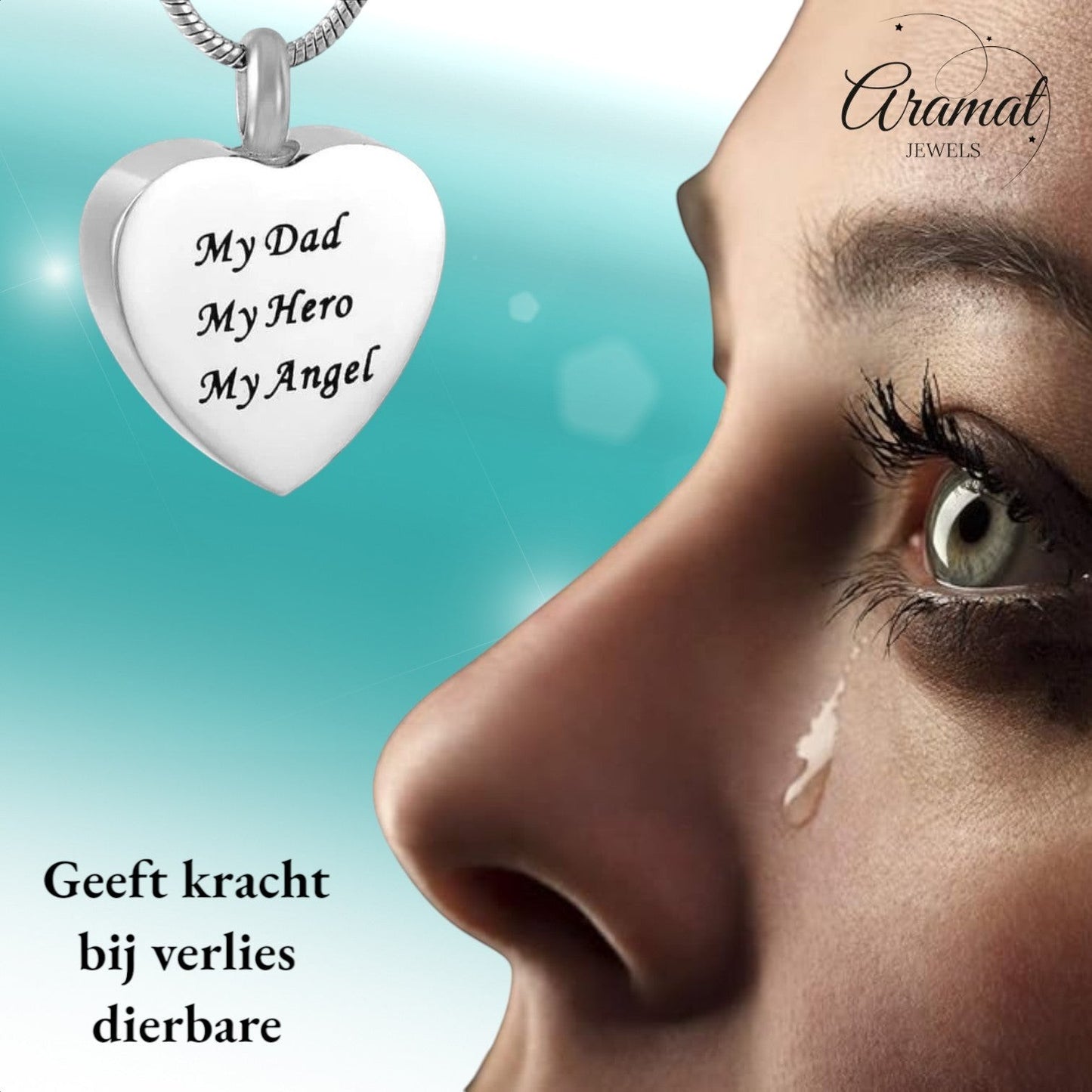 Aramat Jewels® stalen hartvormige crematiehanger met de tekst 'My Dad, My Hero, My Angel'.