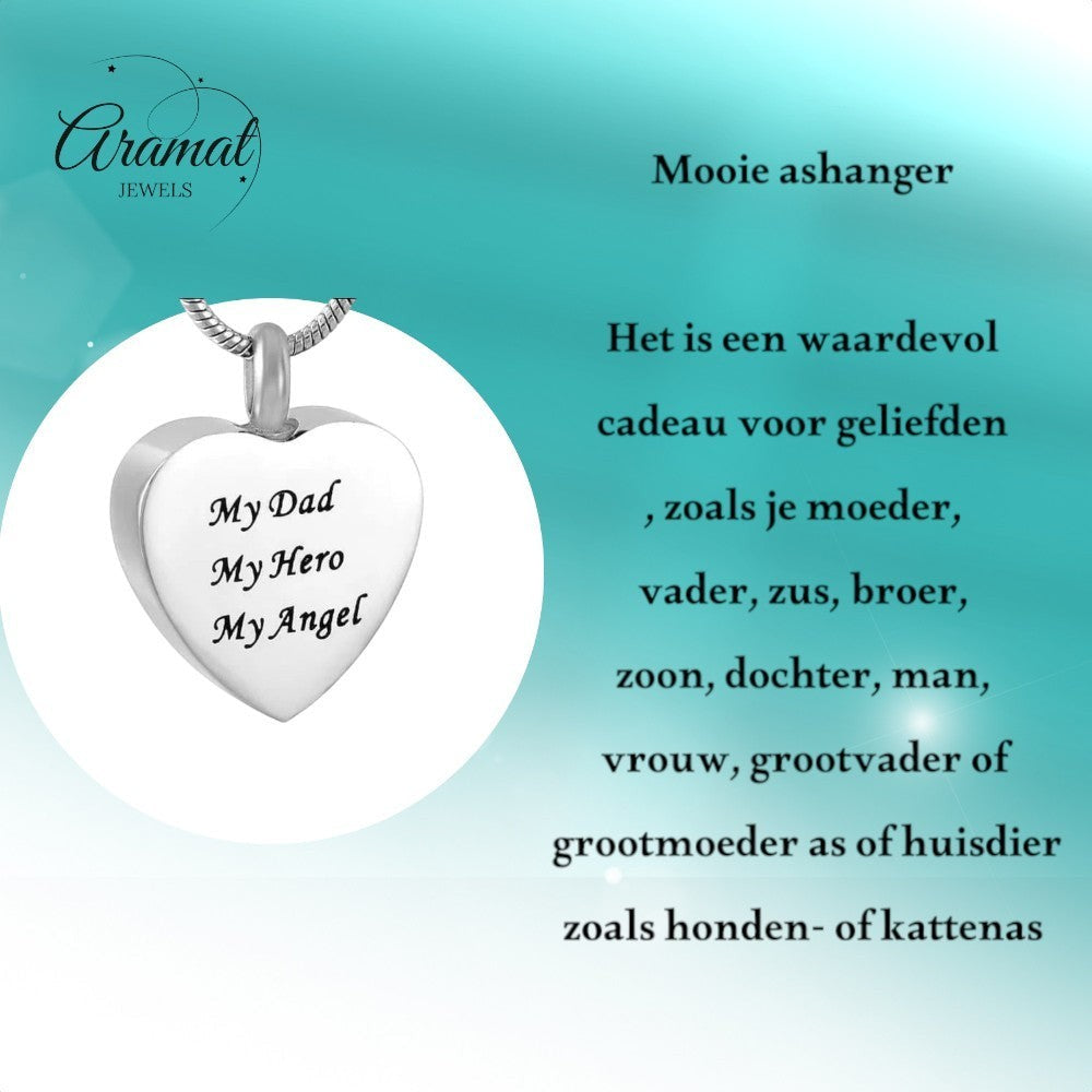 Aramat Jewels® stalen hartvormige crematiehanger met de tekst "My Dad My Hero My Angel".