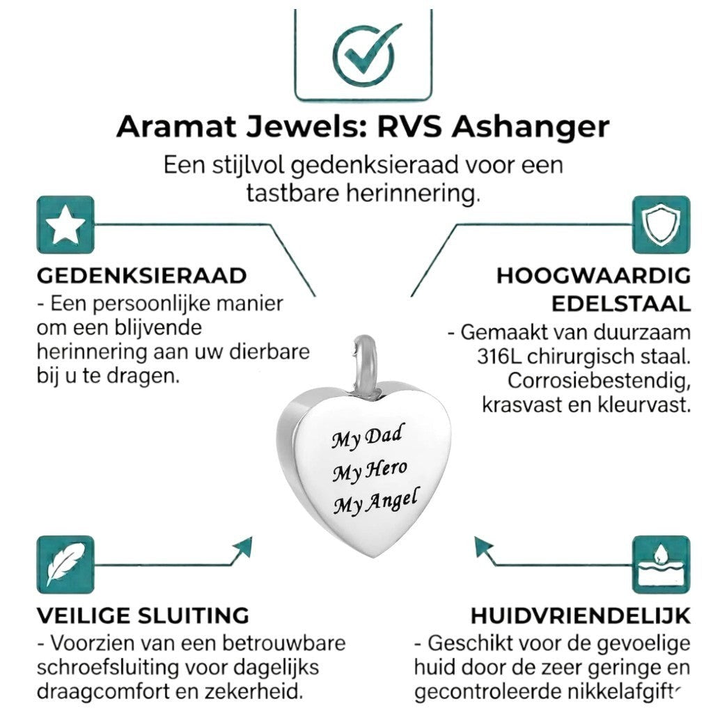 Aramat Jewels® stalen hartvormige crematiehanger met de tekst 'My Dad, My Hero, My Angel'.