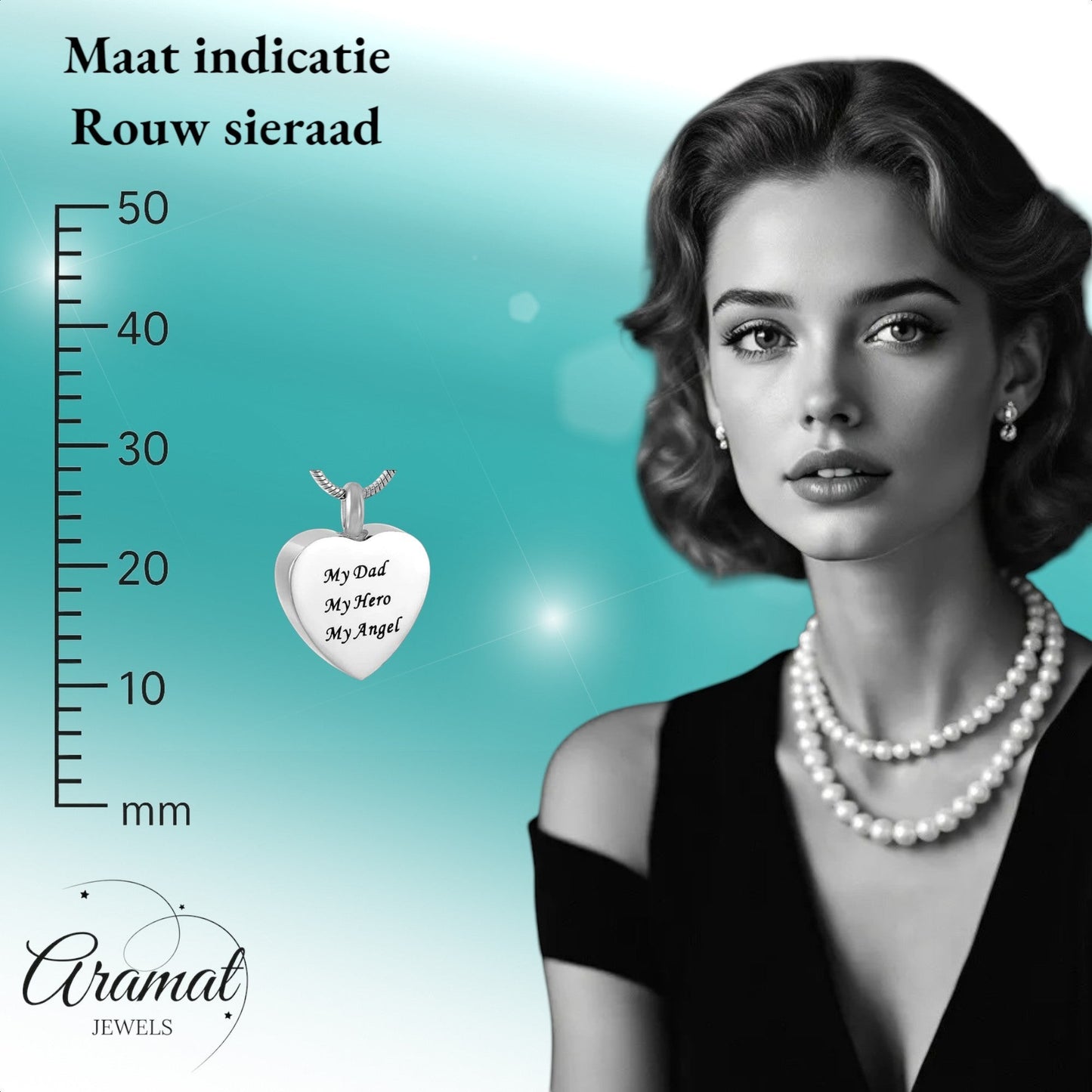 Aramat Jewels stalen hartvormige crematiehanger met de tekst 'My Dad, My Hero, My Angel'.