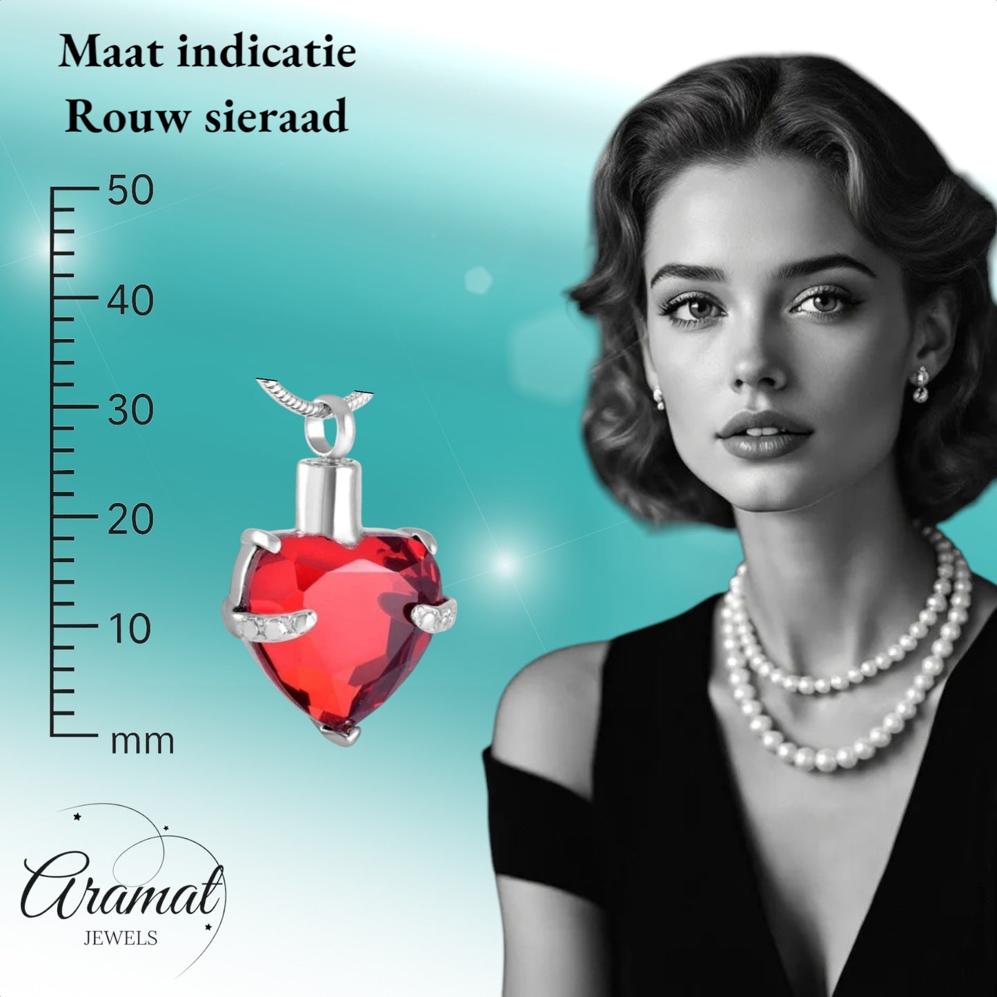 Aramat Jewels stalen ashanger in hartvorm met grote rode steen en kleine zirkonia accenten.