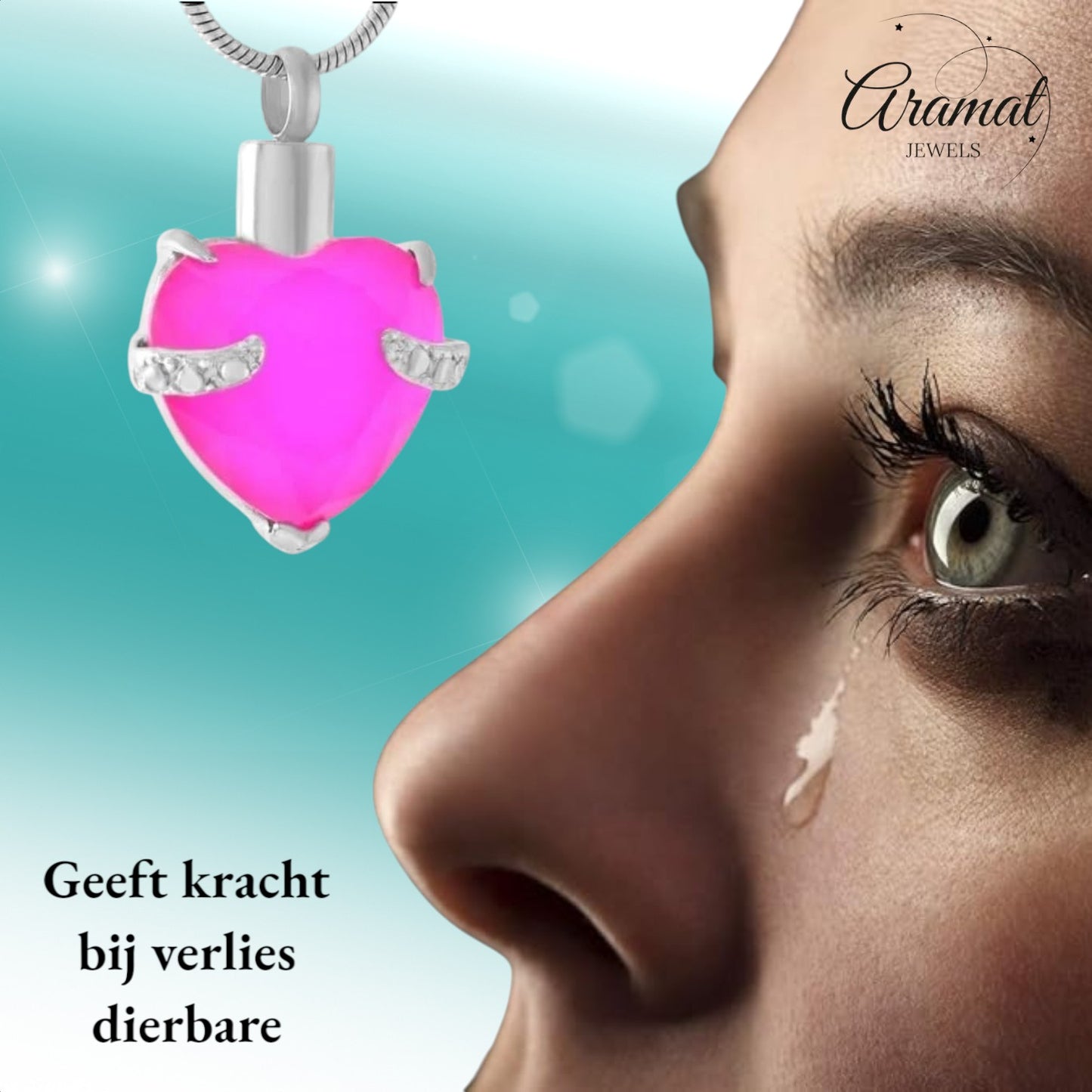 Aramat Jewels® stalen ashanger in hartvorm met grote roze steen en zirkonia accenten. Gedenksieraad zonder ketting.