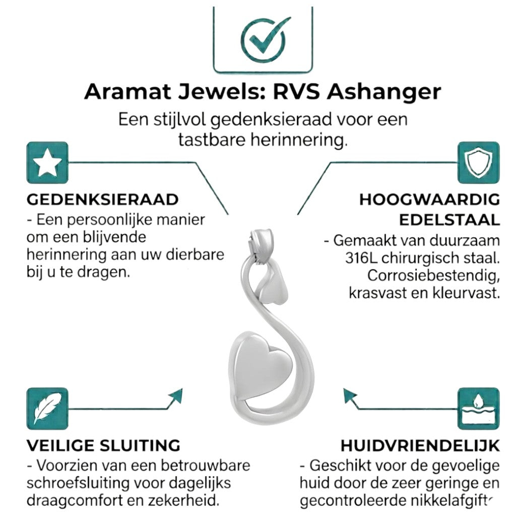 Aramat Jewels zilverkleurige stalen ashanger in sierlijk hartvorm, 38x18 mm, voor as van een dierbare.