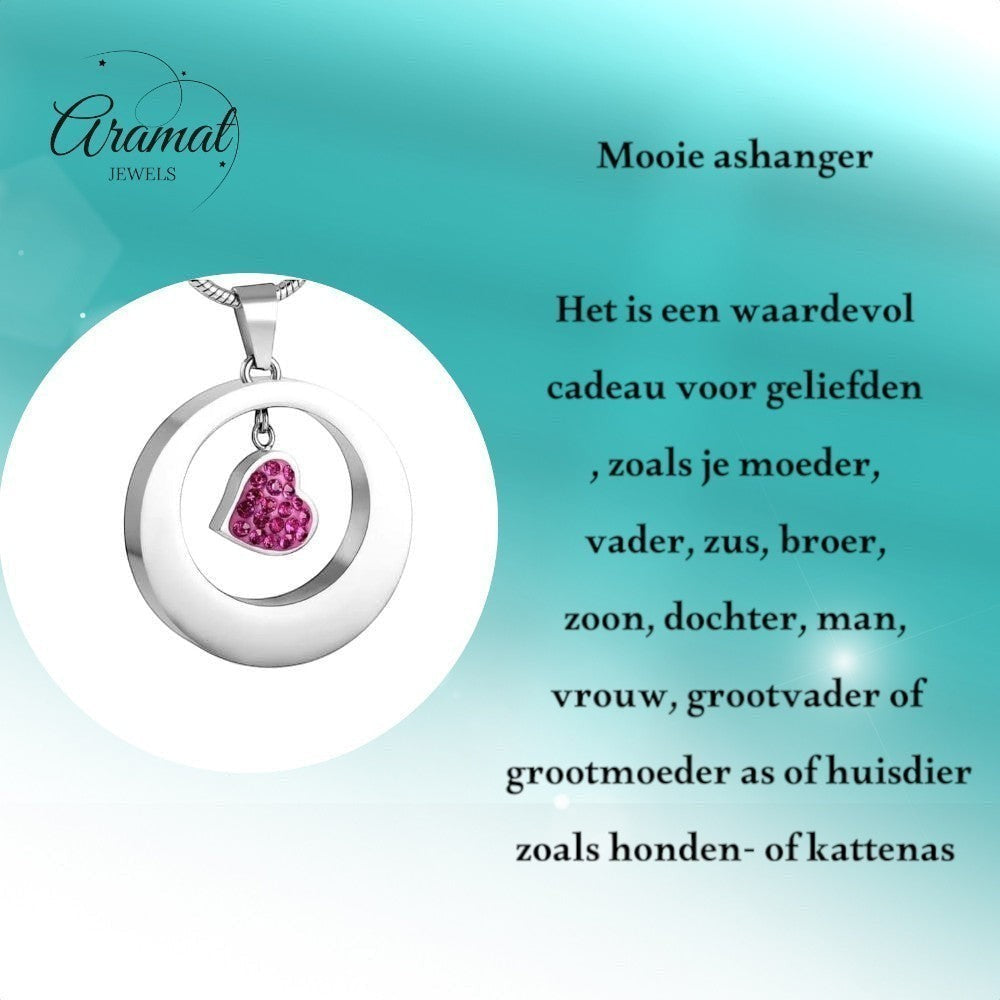 Aramat Jewels zilverkleurige stalen ashanger rond met een hartje bezet met roze steentjes. Gedenksieraad zonder ketting.