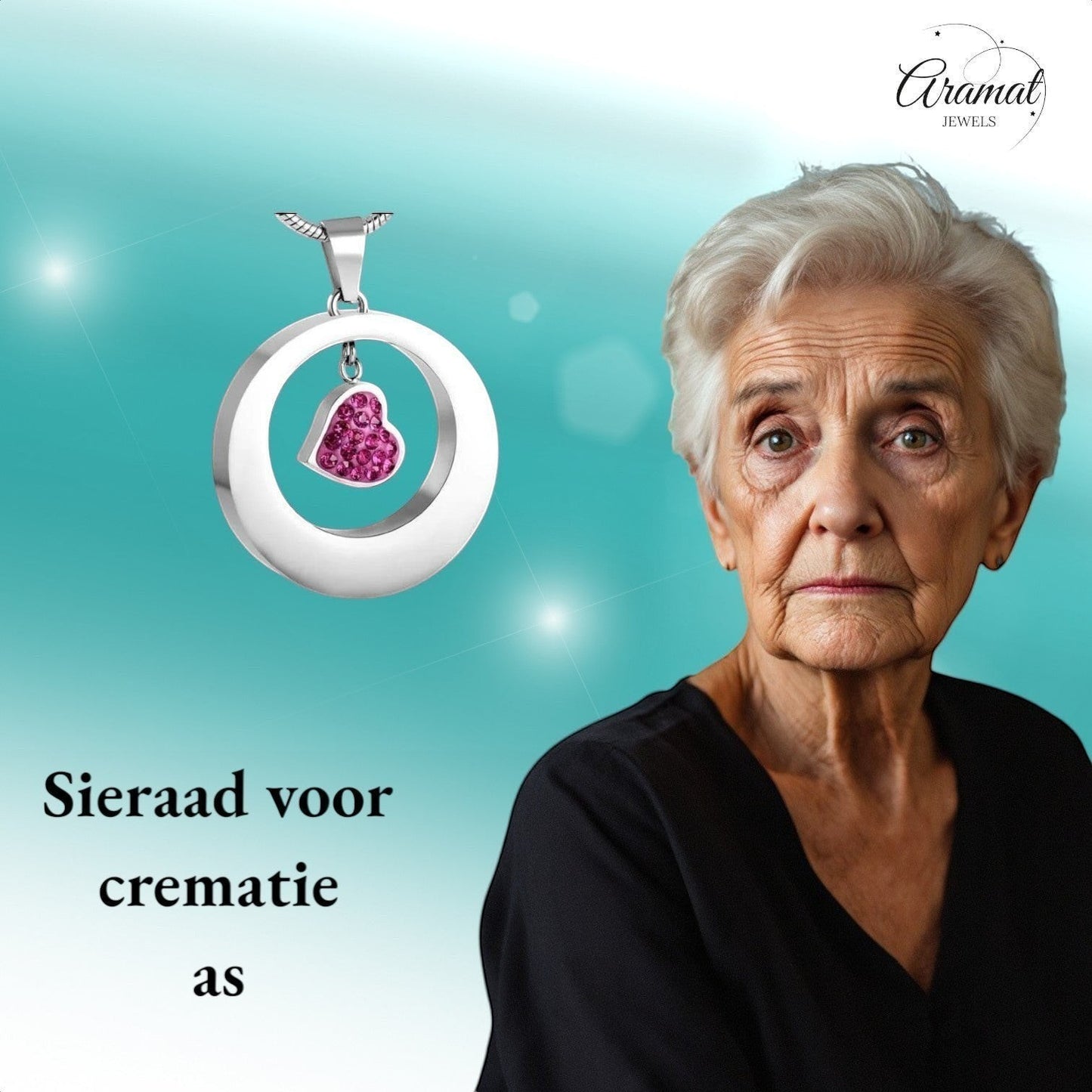 Aramat Jewels zilverkleurige stalen ashanger rond met een hartje bezet met roze kristallen.