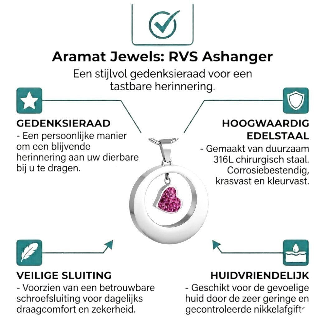 Aramat Jewels zilverkleurige stalen ashanger rond met een hartje van roze kristallen, waterbestendig en huidvriendelijk.