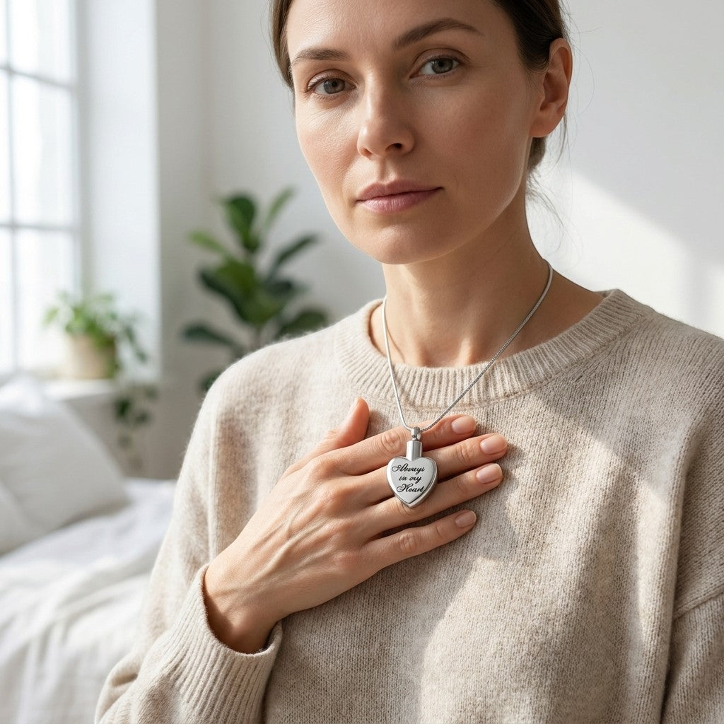 Aramat Jewels® zilverkleurige stalen ashanger in hartvorm met de tekst "Always in My Heart".