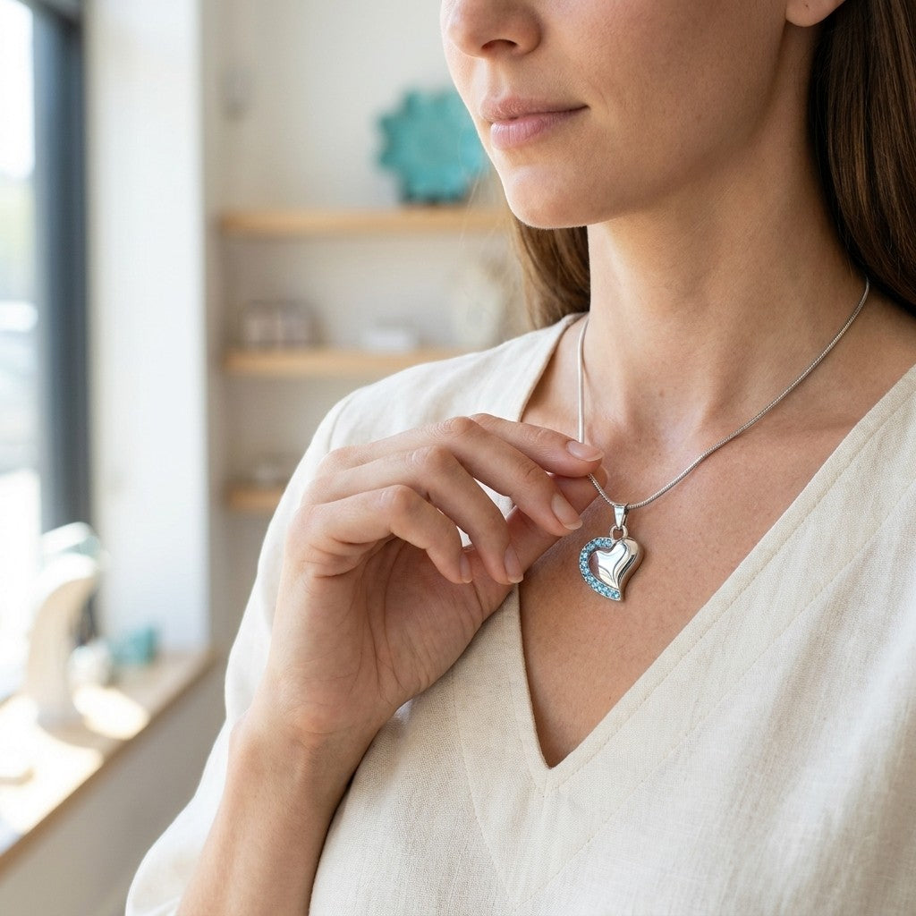 Aramat Jewels® zilverkleurige stalen hartvormige ashanger met zirkonia, gedragen door een vrouw.