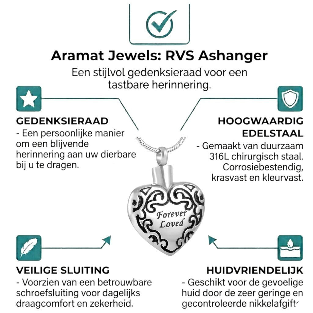 Aramat Jewels® zilverkleurige en zwarte stalen ashanger in hartvorm met gravure 'Forever Loved'.