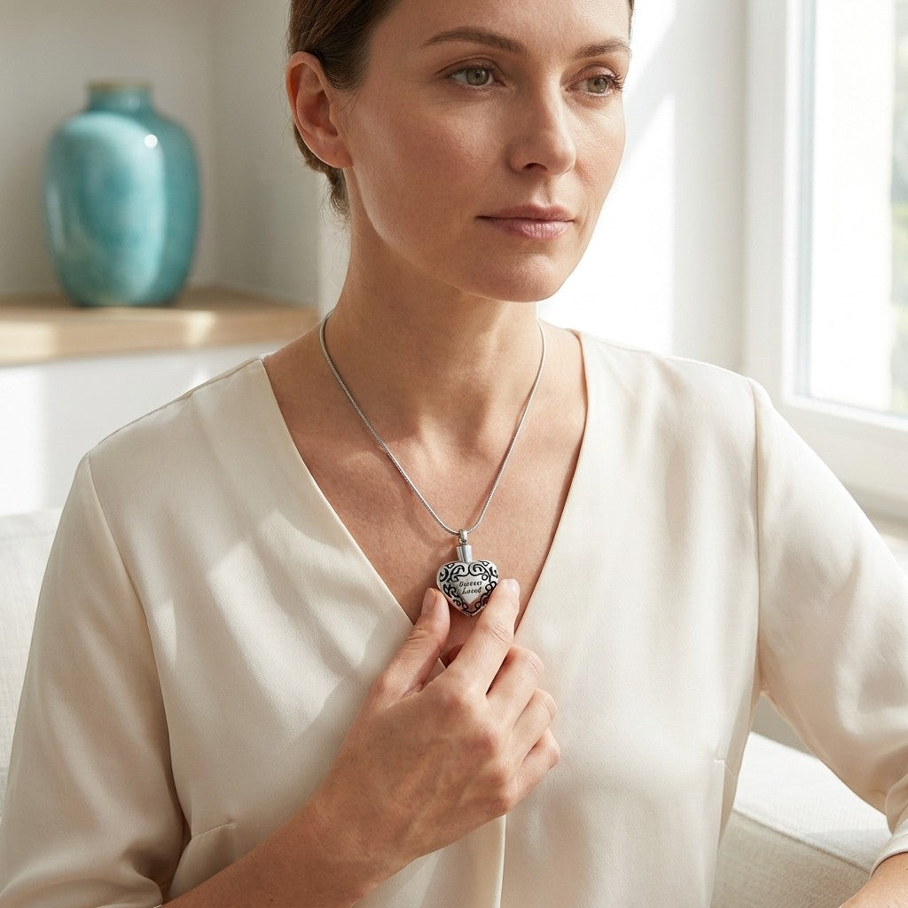 Aramat Jewels® zilverkleurige en zwarte stalen ashanger in hartvorm met gravure, gedragen door een vrouw.