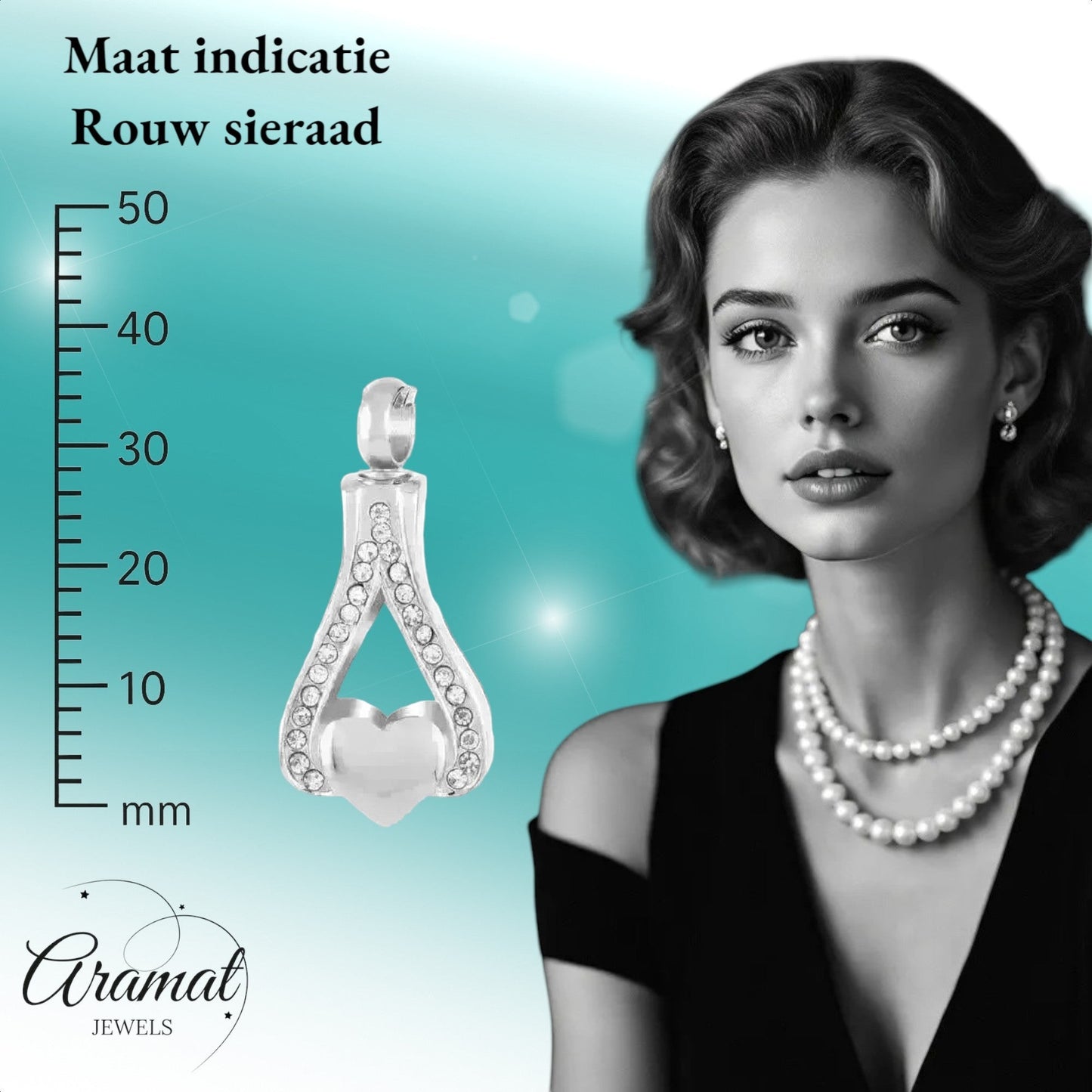 Aramat Jewels zilverkleurige stalen ashanger in hartvorm, versierd met kristallen. Gedenksieraad zonder ketting.