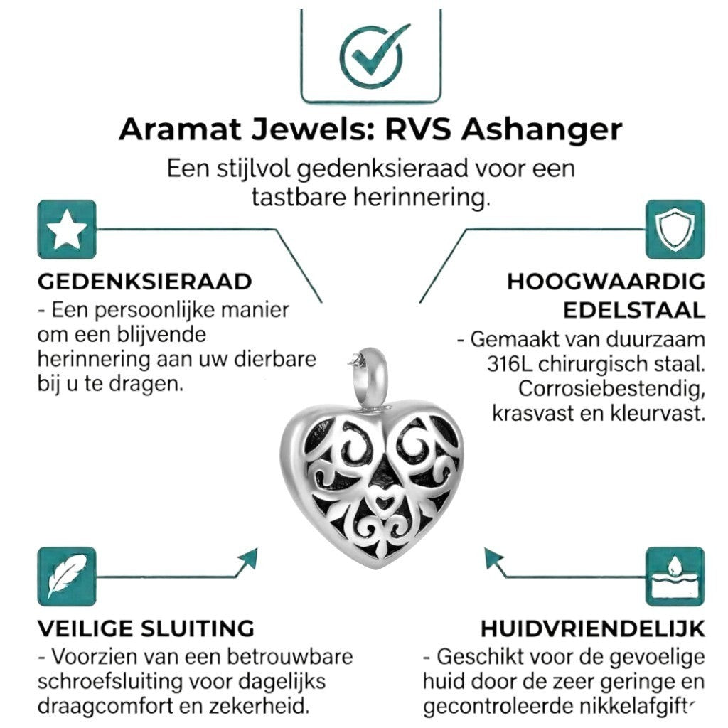 Aramat Jewels zilverkleurig stalen hartvormige ashanger met zwarte emaille versiering