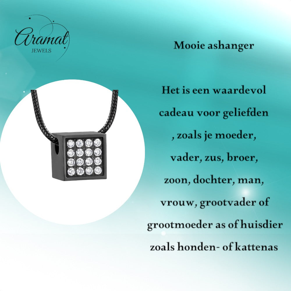 Aramat Jewels stalen kubus ashanger met 16 zirkonia steentjes, 12mm, waterbestendig gedenksieraad.