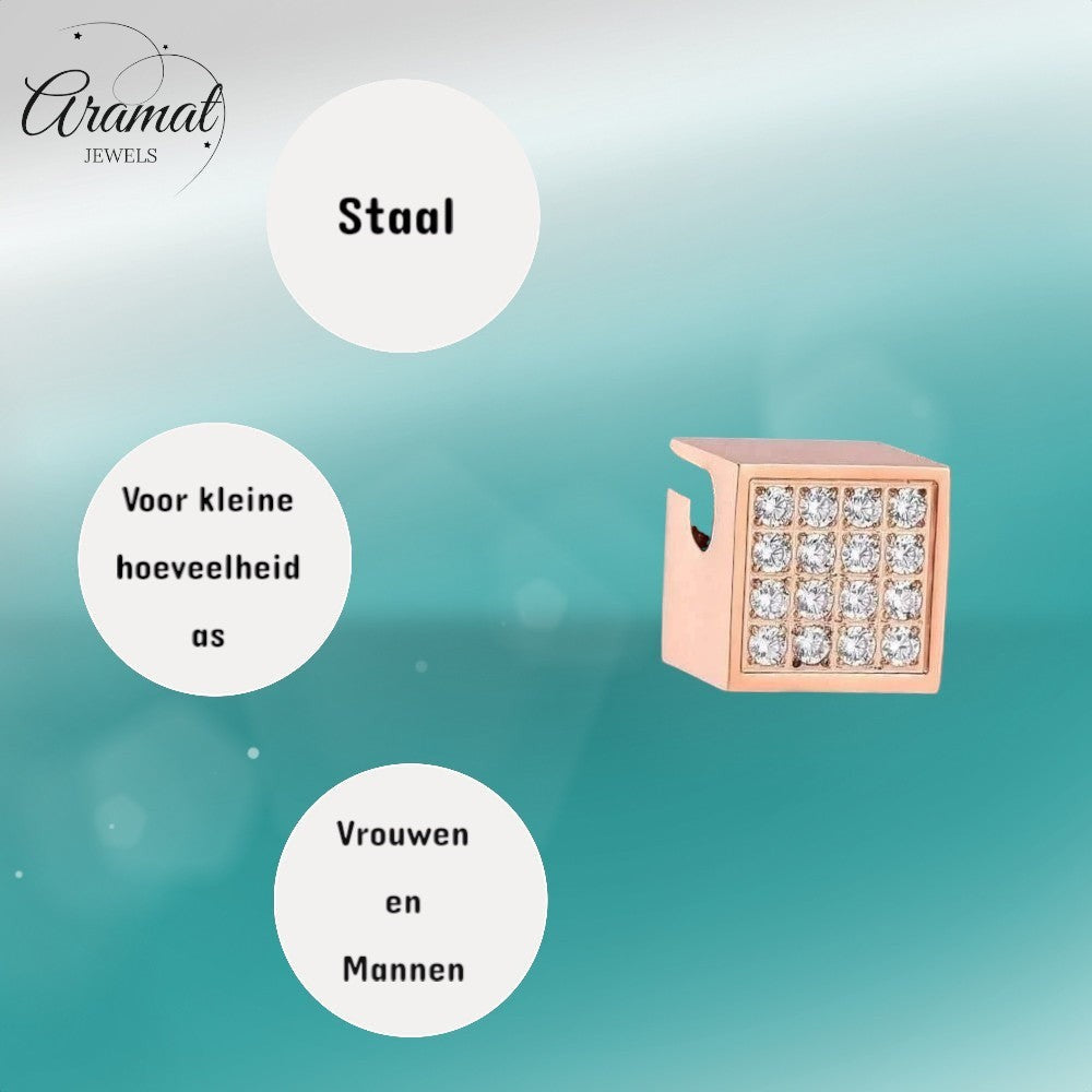Aramat Jewels stalen ashanger kubus 12mm met zirkonia steentjes, waterbestendig gedenksieraad.