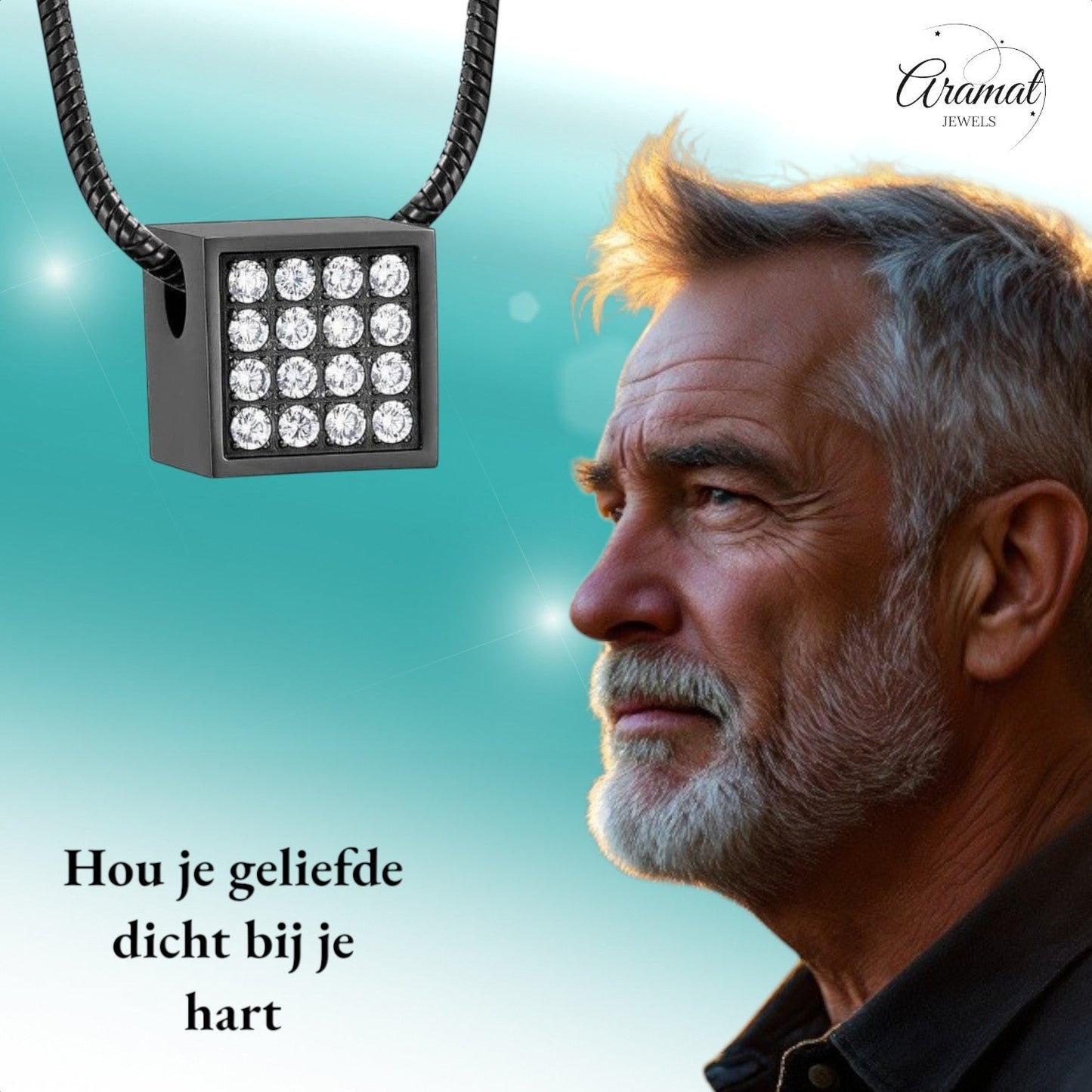 Aramat Jewels stalen kubus ashanger met zirkonia steentjes, 12mm, waterbestendig gedenksieraad.