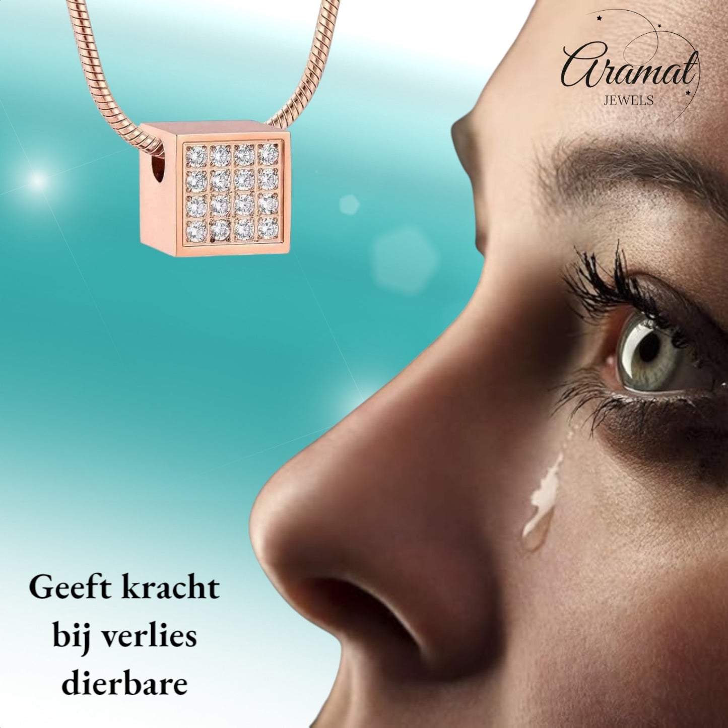Aramat Jewels stalen ashanger kubus met zirkonia steentjes, 12mm, roségoudkleurig, waterbestendig