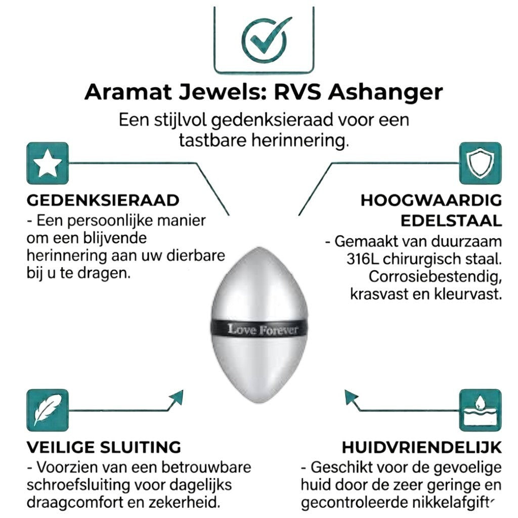Aramat Jewels ashanger in zilverkleurig en zwart staal met de tekst 'Love Forever'.