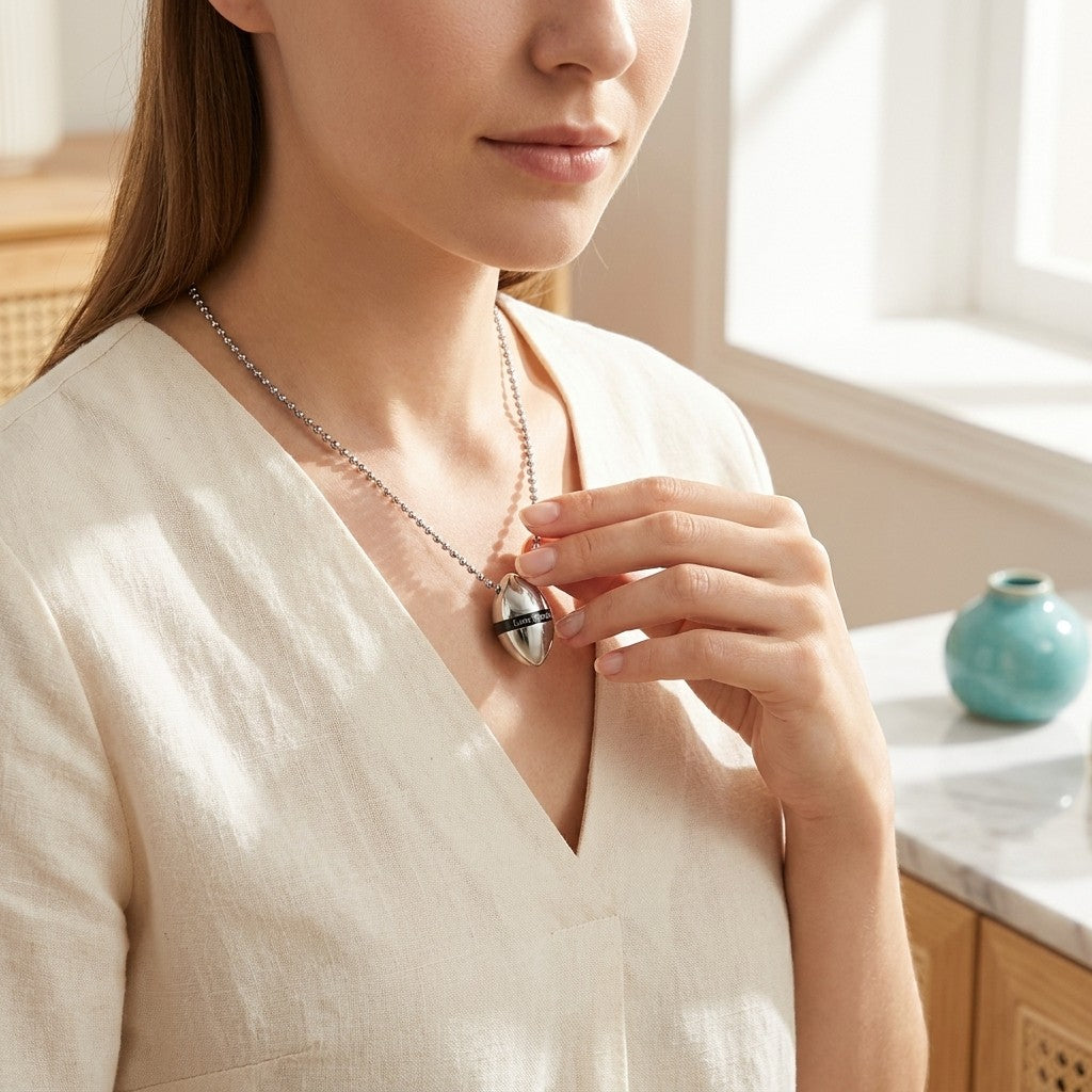 Aramat Jewels® zilverkleurige en zwarte stalen ashanger met "Love Forever" tekst, gedragen door een vrouw.
