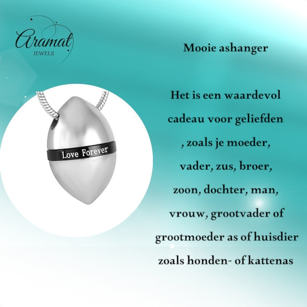 Aramat Jewels® zilverkleurige stalen ashanger met de tekst 'Love Forever' in zwart.