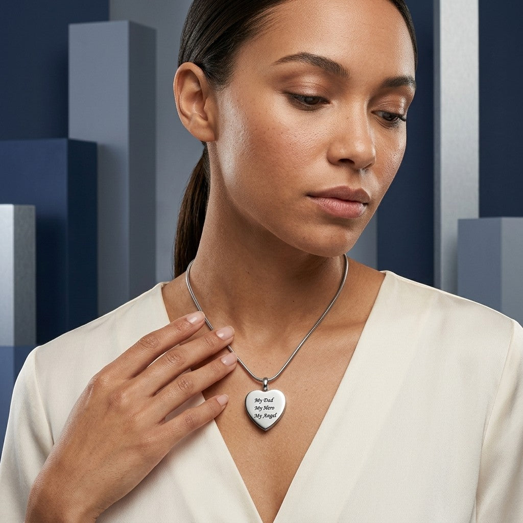 Aramat Jewels® stalen hartvormige crematiehanger met gravure 'My Dad My Hero My Angel'.