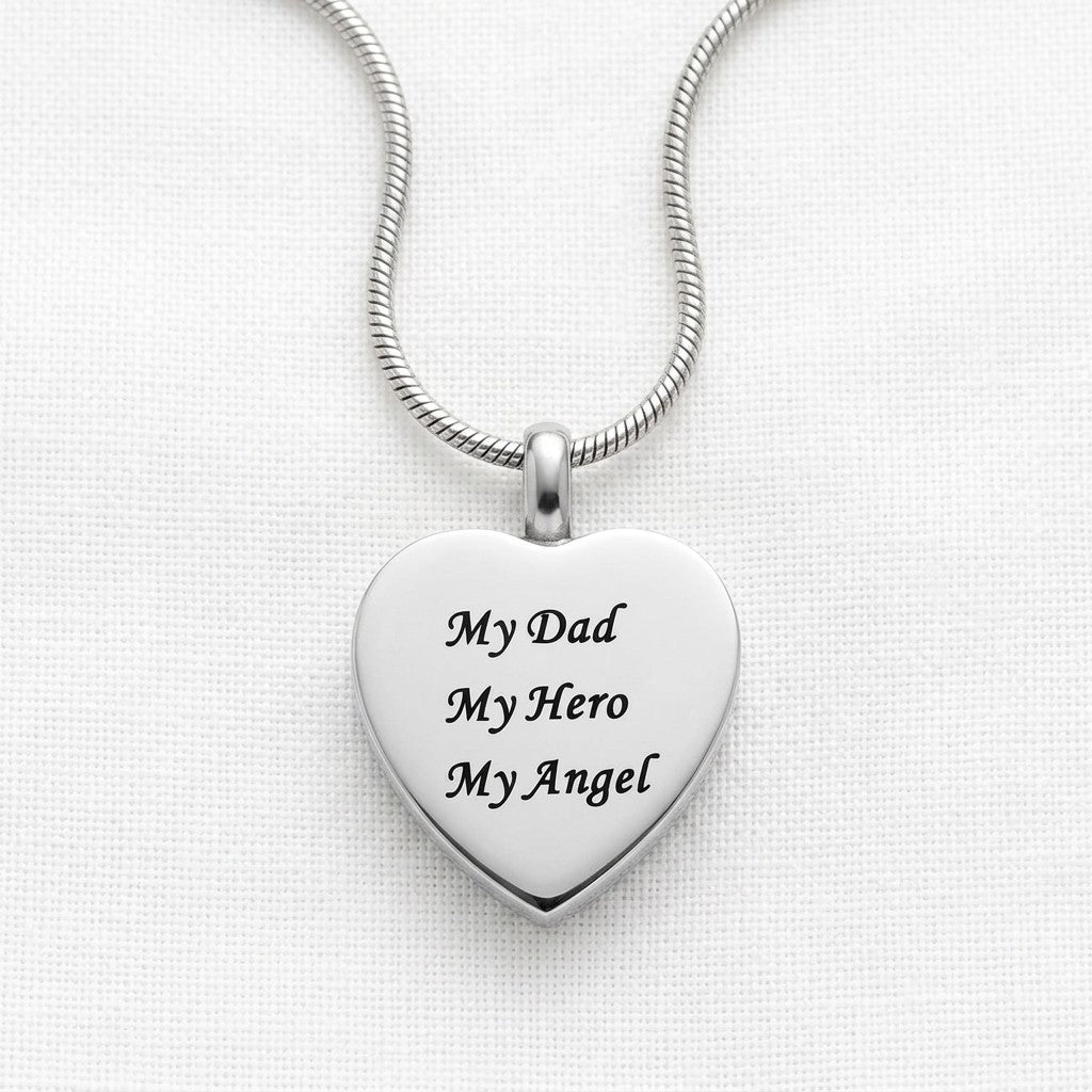 Aramat Jewels® stalen hartvormige crematiehanger met de tekst 'My Dad My Hero My Angel'.