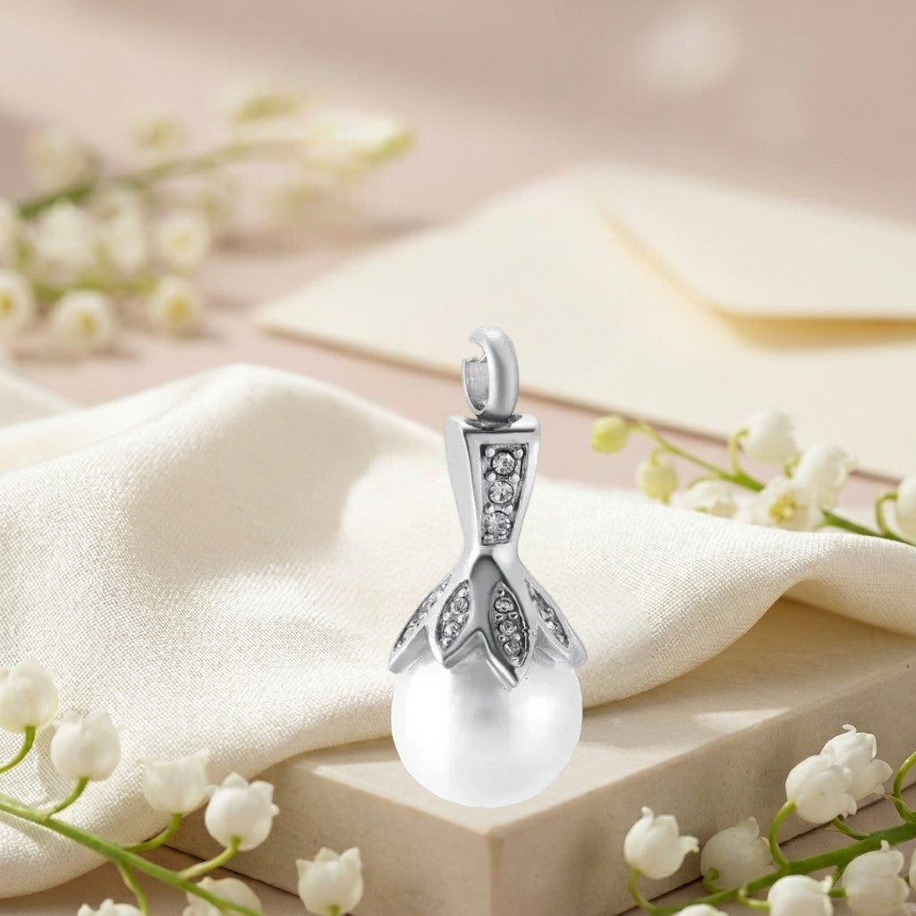 Aramat Jewels stalen ashanger met witte parel en zirkonia, 35x15mm, elegant assieraad