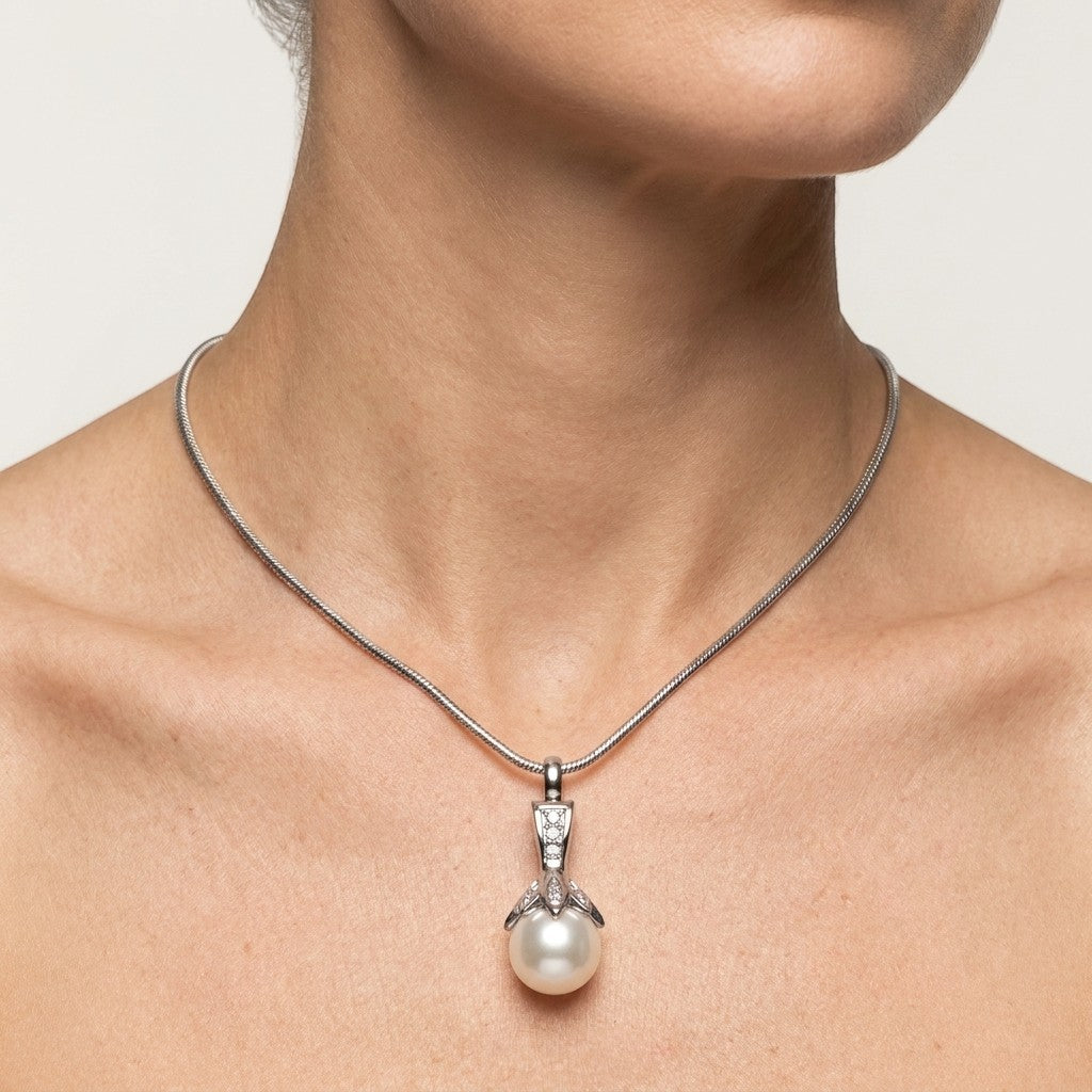 Aramat Jewels stalen ashanger met witte parel en zirkonia, 35x15mm, zilverkleurig, uniseks