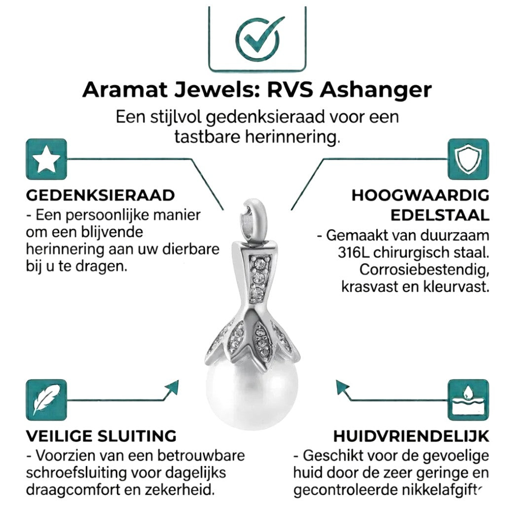 Aramat Jewels stalen ashanger met witte synthetische parel en zirkonia, 35x15mm, zilverkleurig