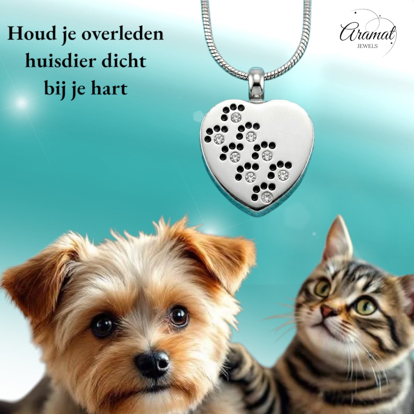 Aramat Jewels zilverkleurige stalen ashanger in hartvorm met pootjes en zirkonia, voor huisdieren.